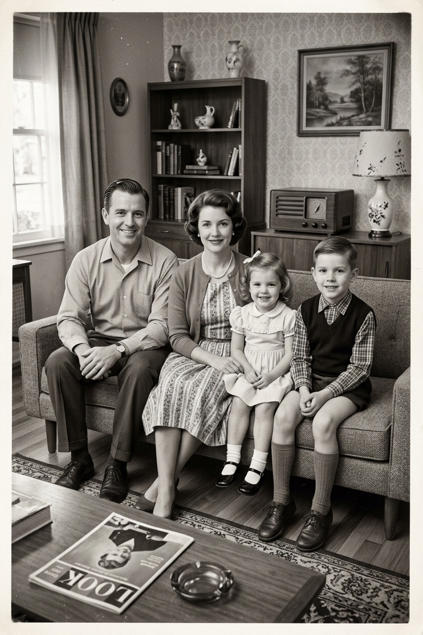 Black and white photograph, 1950s Family