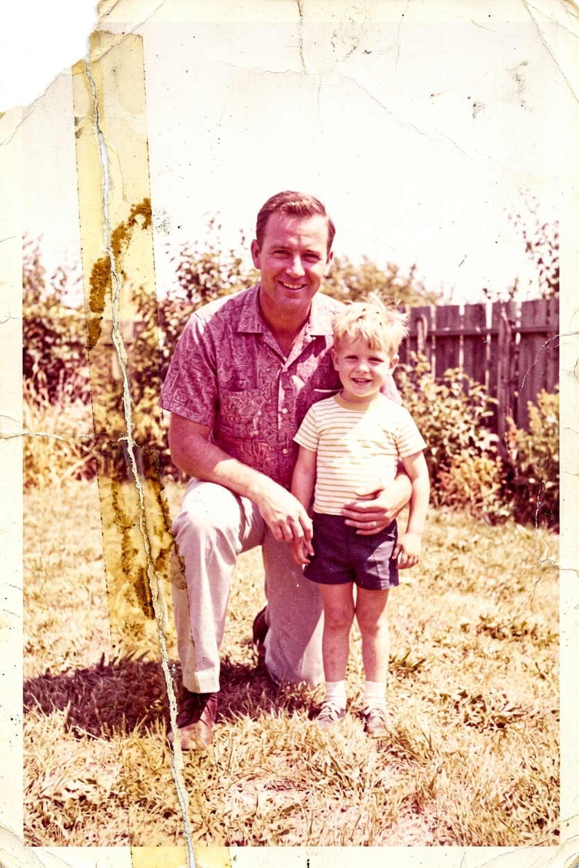Damaged father and son photograph, circa 1960s