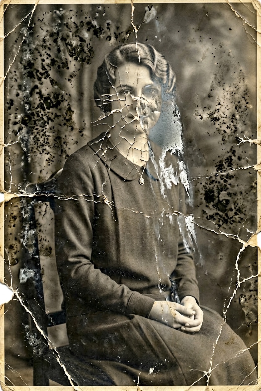 Deteriorated portrait of young woman, circa 1920s